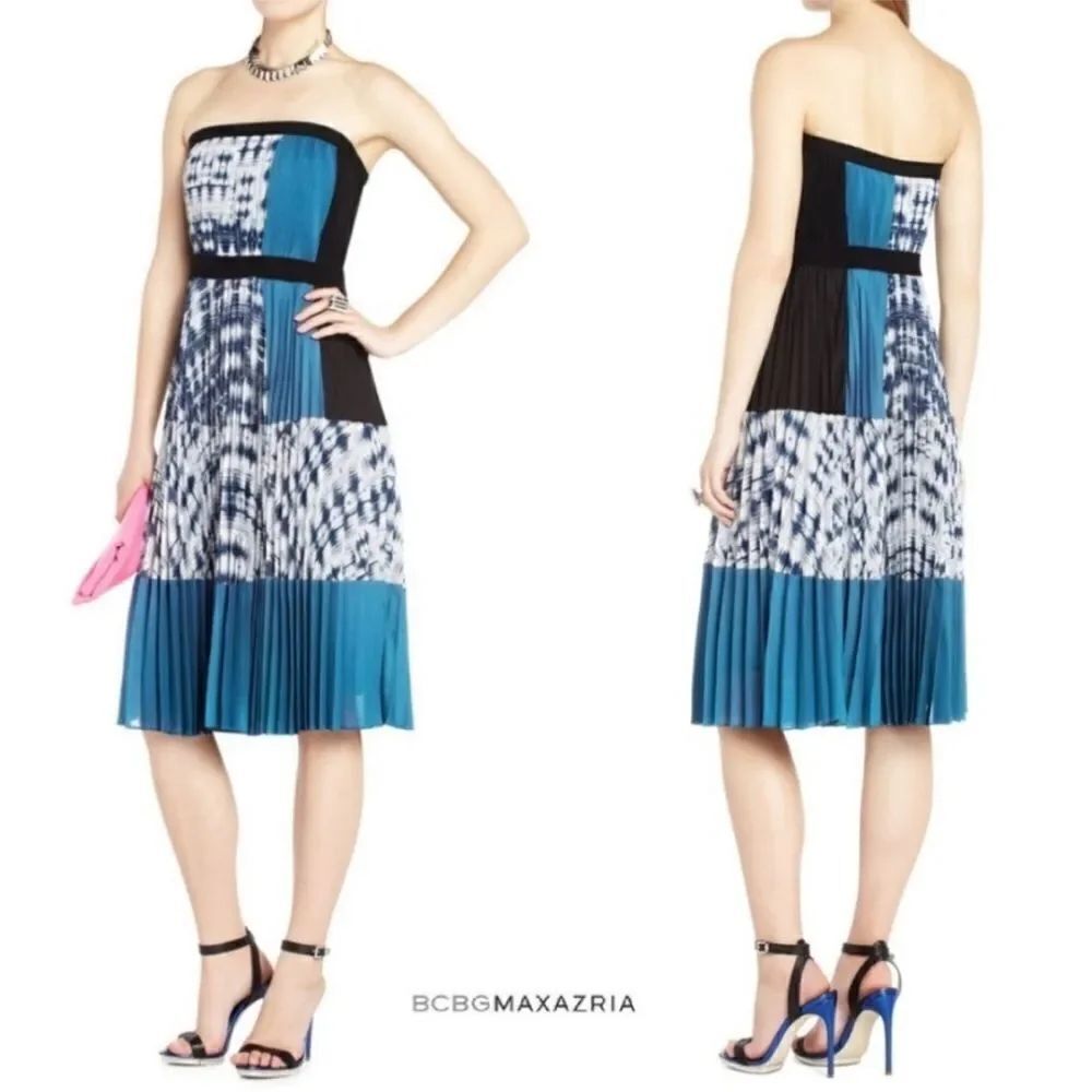 BCBG MAXAZRIA " GEORGETTA"  Strapless Pleated Crepe Midi Dress Size XS